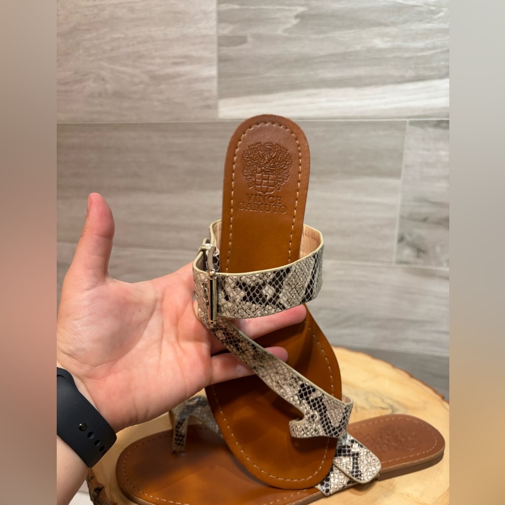 Vince Camuto Snake Print Strappy Sandals in Tan and Beige